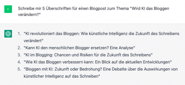 ChatGPT liefert 5 Vorschläge für eine Blogartikel Überschrift.