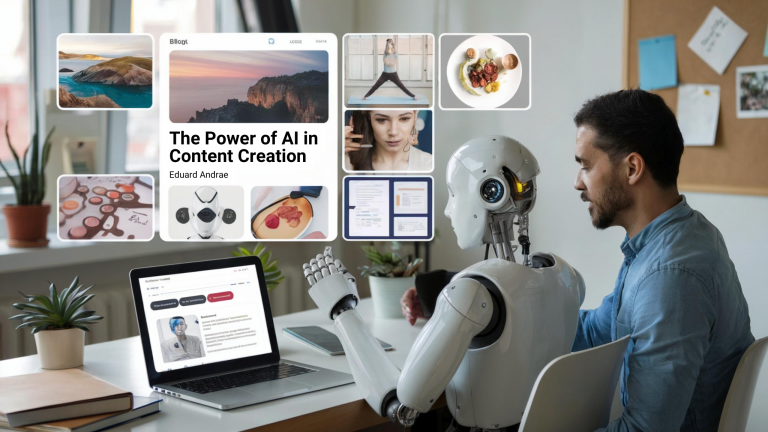 Wir sehen einen Schreibtisch. Darauf ein Laptop, der einen Blogartikel zeigt. Am Laptop arbeitet eine KI bzw. ein Roboter. Neben der KI sitzt ein Mann, der offensichtlich der KI Anweisungen erteilt.