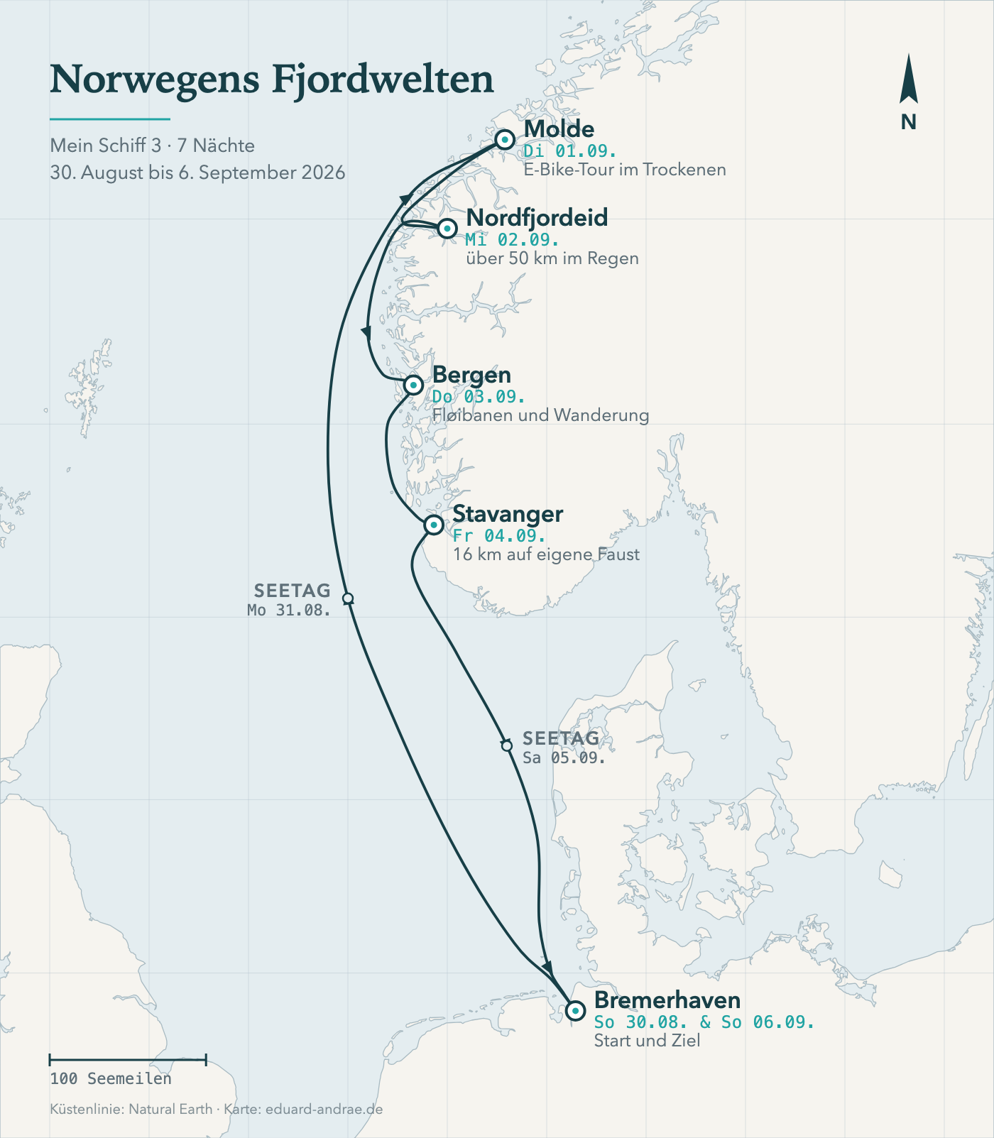 Karte der Kreuzfahrtroute von Bremerhaven nach Molde, Nordfjordeid, Bergen und Stavanger und zurück nach Bremerhaven.